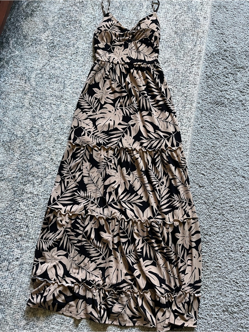 Mango Black and Beige Tropical Print Spaghetti Strap Maxi Dress